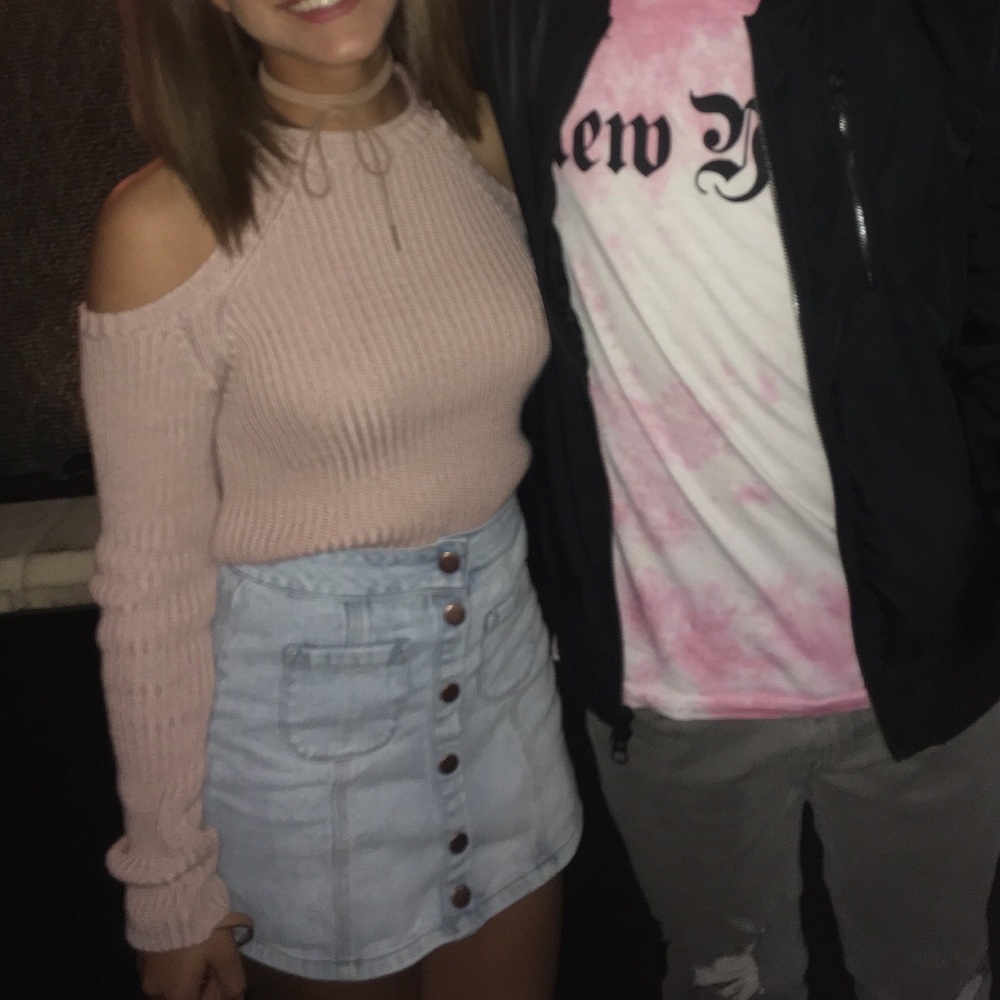 Pink Cropped Cold Shoulder Ribbed Sweater